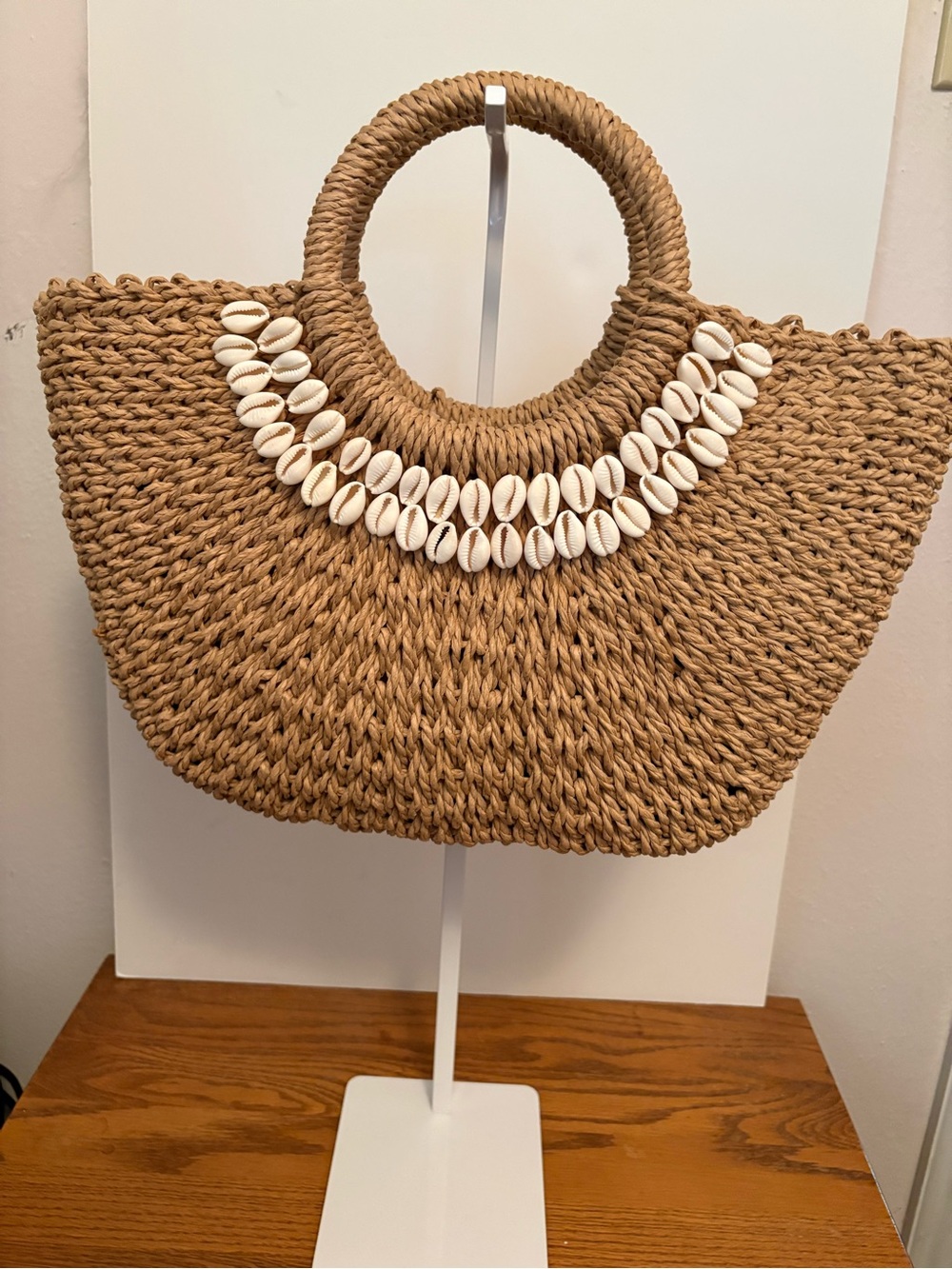 Boho Straw Cowrie Shell Half-Moon Beach Tote Bag - Like New